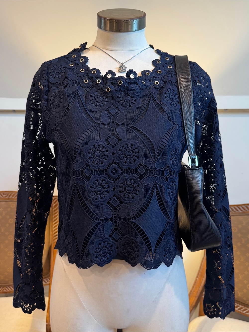 Lulumary Paris Navy Blue Guipure Lace Long-Sleeve Blouse Top M Whimsygoth Fairy